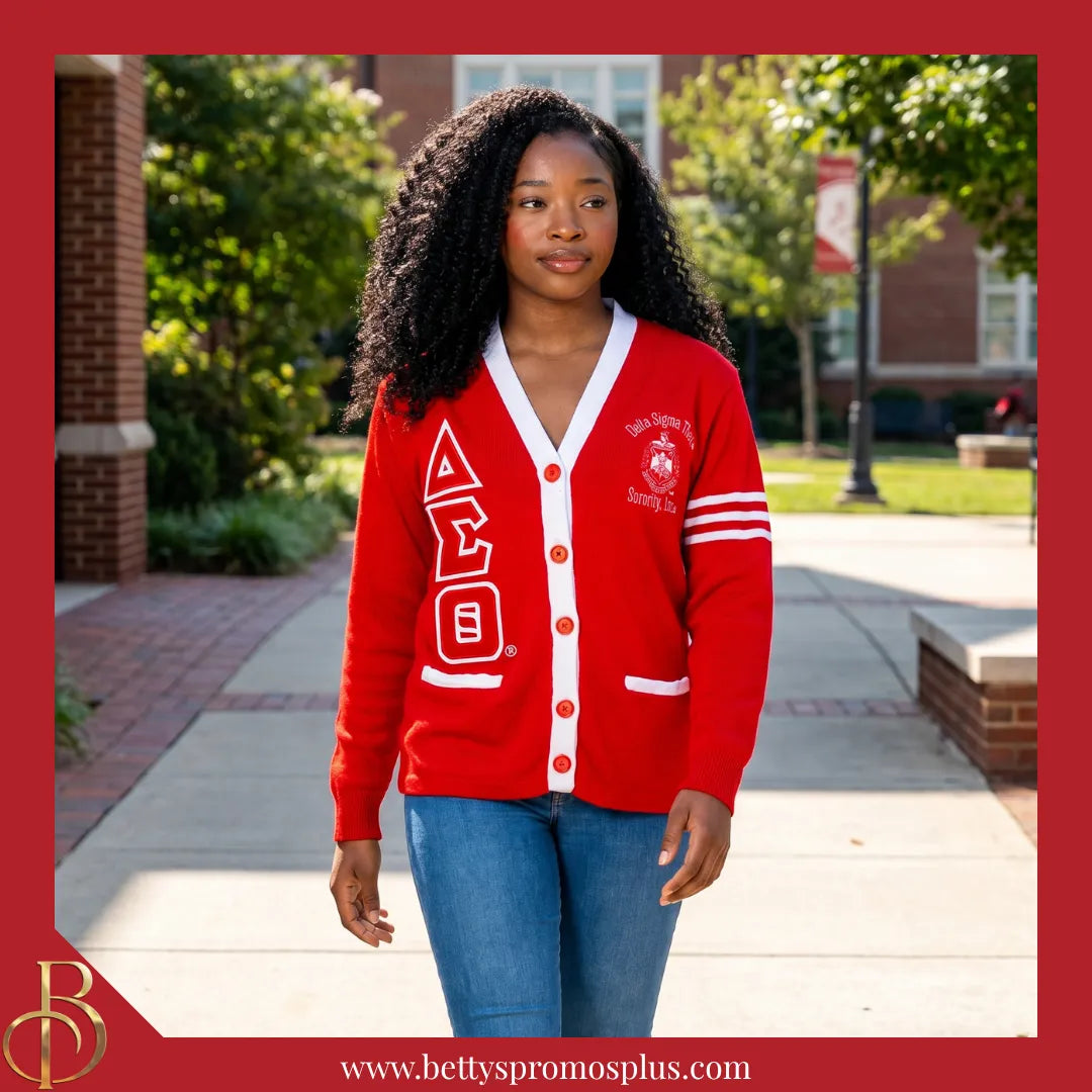 Delta Sigma Theta ΔΣΘ Cardigan Sweater with Double Stitched Twill Embroidered Letters & ΔΣΘ Shield-Delta Sigma Theta Paraphernalia-Delta Sigma Theta Sweaters-Betty's Promos Plus