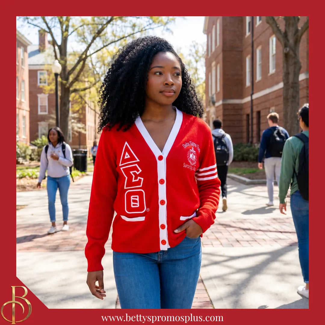 Delta Sigma Theta ΔΣΘ Cardigan Sweater with Double Stitched Twill Embroidered Letters & ΔΣΘ Shield-Delta Sigma Theta Paraphernalia-Delta Sigma Theta Sweaters-Betty's Promos Plus