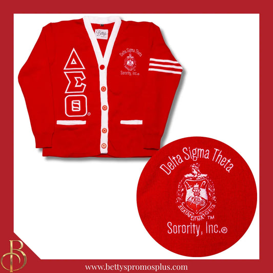 Delta Sigma Theta ΔΣΘ Cardigan Sweater with Double Stitched Twill Embroidered Letters & ΔΣΘ Shield-Delta Sigma Theta Paraphernalia-Delta Sigma Theta Sweaters-Betty's Promos Plus