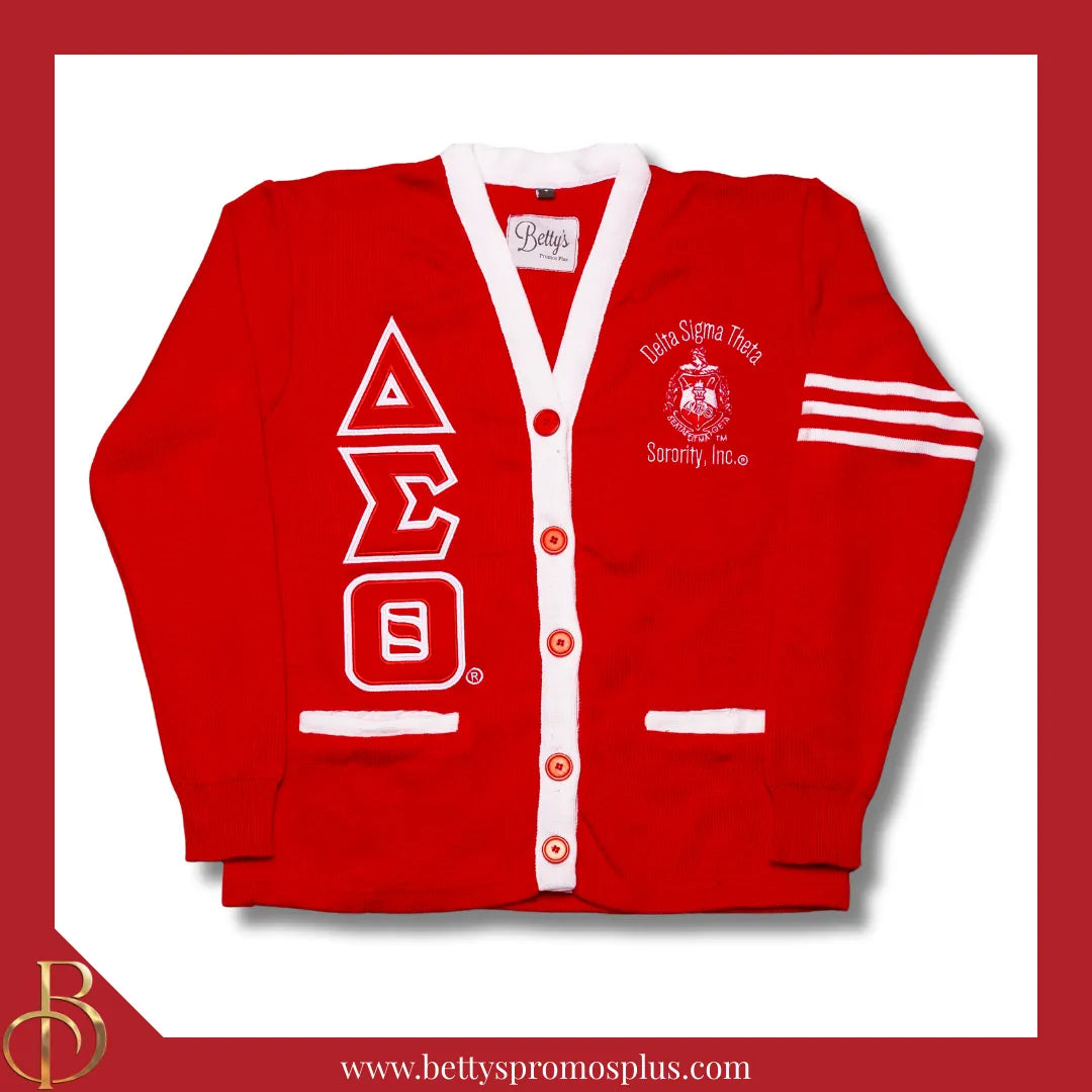 Delta Sigma Theta ΔΣΘ Cardigan Sweater with Double Stitched Twill Embroidered Letters & ΔΣΘ Shield-Red-White Trim-Small-Delta Sigma Theta Paraphernalia-Delta Sigma Theta Sweaters-Betty's Promos Plus