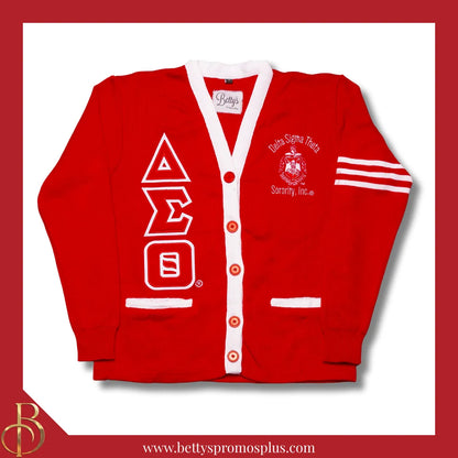 Delta Sigma Theta ΔΣΘ Cardigan Sweater with Double Stitched Twill Embroidered Letters & ΔΣΘ Shield-Red-White Trim-Small-Delta Sigma Theta Paraphernalia-Delta Sigma Theta Sweaters-Betty's Promos Plus