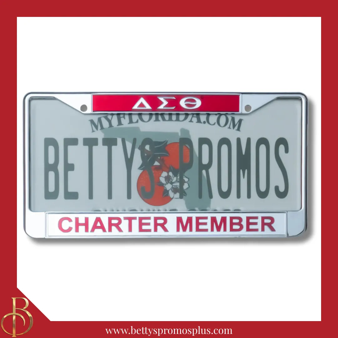 Delta Sigma Theta ΔΣΘ Charter Member Chrome Laser Engraved Mirrored Acrylic Auto Tag License Plate Frame-Delta Sigma Theta Paraphernalia-Delta Sigma Theta Auto Tag Frame-Betty's Promos Plus