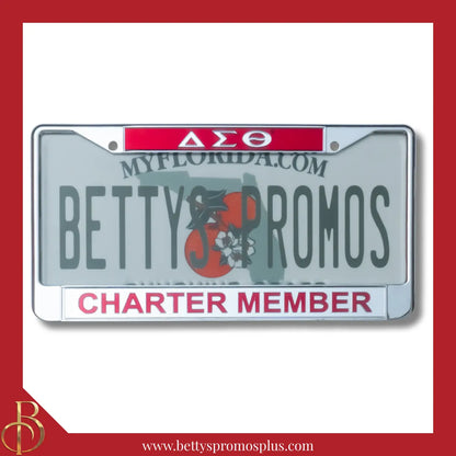 Delta Sigma Theta ΔΣΘ Charter Member Chrome Laser Engraved Mirrored Acrylic Auto Tag License Plate Frame-Red Top-Silver Bottom-Delta Sigma Theta Paraphernalia-Delta Sigma Theta Auto Tag Frame-Betty's Promos Plus