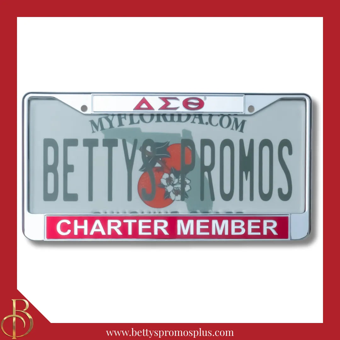 Delta Sigma Theta ΔΣΘ Charter Member Chrome Laser Engraved Mirrored Acrylic Auto Tag License Plate Frame-Silver Top-Red Bottom-Delta Sigma Theta Paraphernalia-Delta Sigma Theta Auto Tag Frame-Betty's Promos Plus