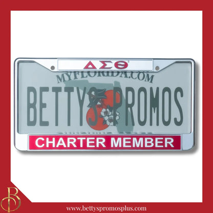 Delta Sigma Theta ΔΣΘ Charter Member Chrome Laser Engraved Mirrored Acrylic Auto Tag License Plate Frame-Silver Top-Red Bottom-Delta Sigma Theta Paraphernalia-Delta Sigma Theta Auto Tag Frame-Betty's Promos Plus