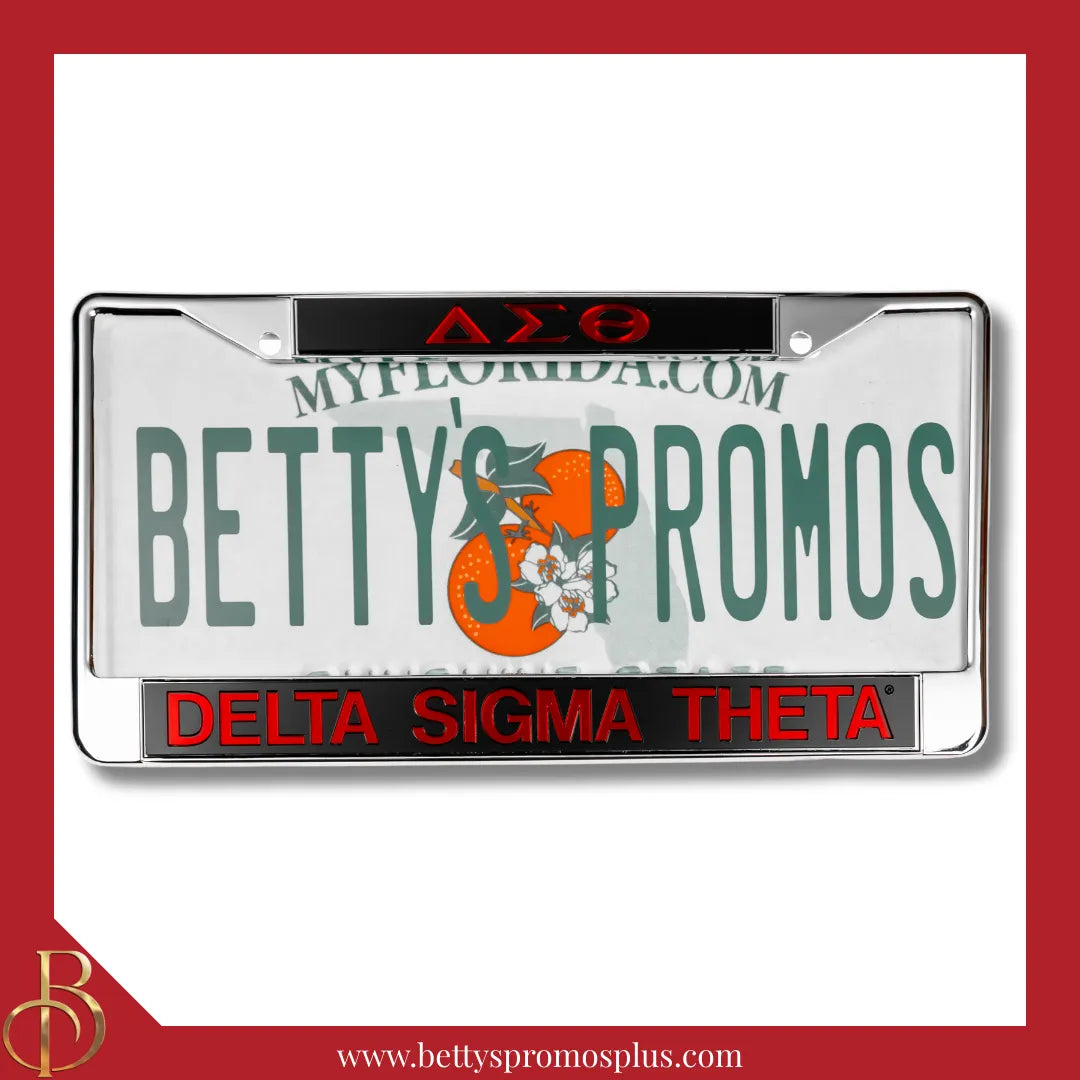 Delta Sigma Theta ΔΣΘ Chrome Laser Engraved Mirrored Acrylic License Plate Frame-Black Top-Black Bottom-Delta Sigma Theta Paraphernalia-Delta Sigma Theta Auto Tag Frame-Betty's Promos Plus