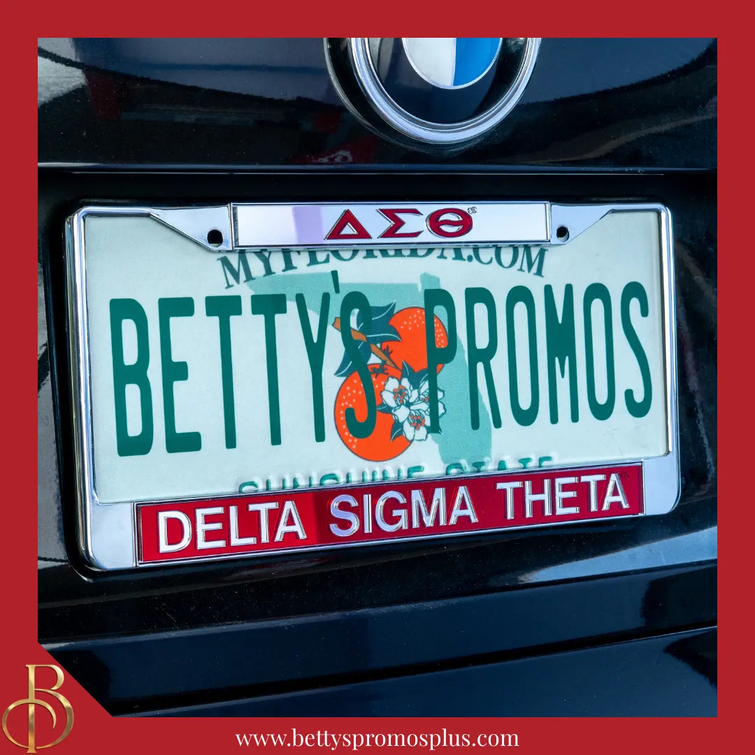 Delta Sigma Theta ΔΣΘ Chrome Laser Engraved Mirrored Acrylic License Plate Frame-Delta Sigma Theta Paraphernalia-Delta Sigma Theta Auto Tag Frame-Betty's Promos Plus