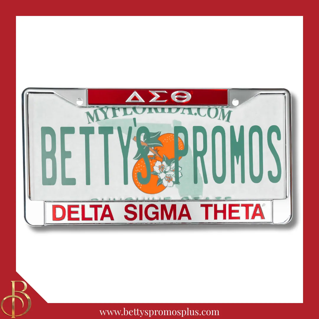 Delta Sigma Theta ΔΣΘ Chrome Laser Engraved Mirrored Acrylic License Plate Frame-Red Top-Silver Bottom-Delta Sigma Theta Paraphernalia-Delta Sigma Theta Auto Tag Frame-Betty's Promos Plus