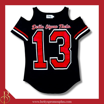 Delta Sigma Theta ΔΣΘ Cold Shoulder 13 Screen Printed T-Shirt-Black-Small-Delta Sigma Theta Paraphernalia-Delta Sigma Theta T-Shirts-Betty's Promos Plus