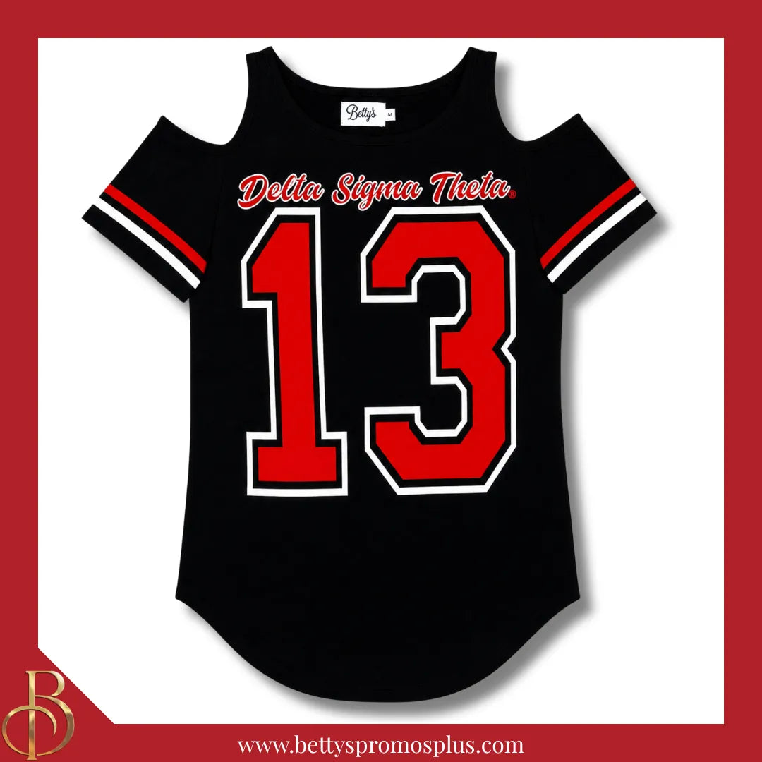 Delta Sigma Theta ΔΣΘ Cold Shoulder 13 Screen Printed T-Shirt-Black-Small-Delta Sigma Theta Paraphernalia-Delta Sigma Theta T-Shirts-Betty's Promos Plus