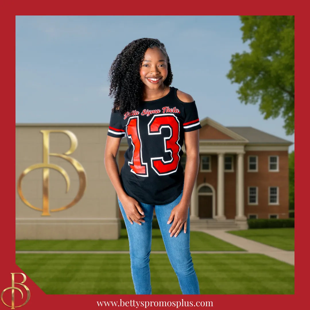 Delta Sigma Theta ΔΣΘ Cold Shoulder 13 Screen Printed T-Shirt-Delta Sigma Theta Paraphernalia-Delta Sigma Theta T-Shirts-Betty's Promos Plus