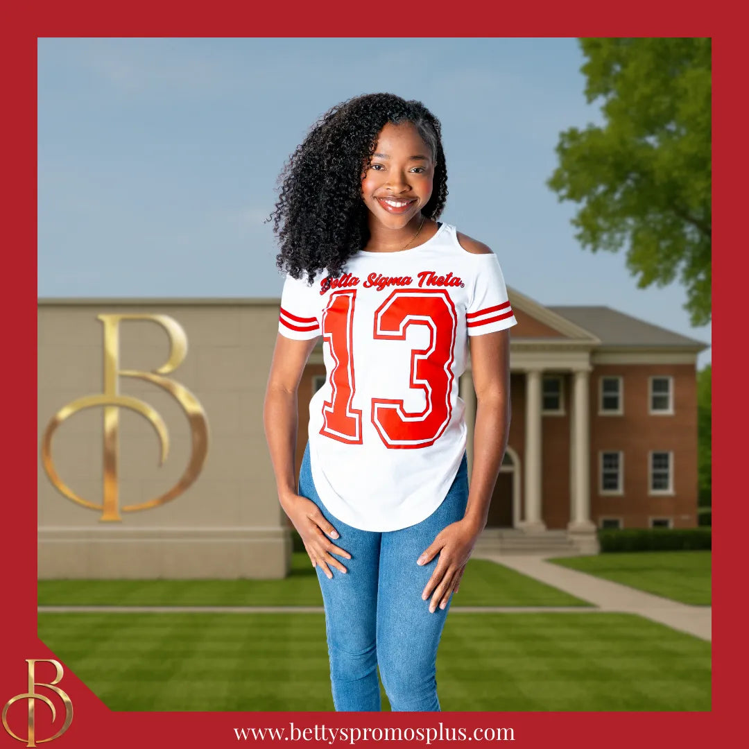 Delta Sigma Theta ΔΣΘ Cold Shoulder 13 Screen Printed T-Shirt-Delta Sigma Theta Paraphernalia-Delta Sigma Theta T-Shirts-Betty's Promos Plus