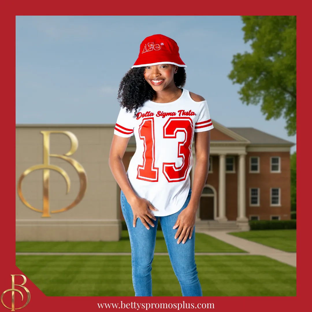 Delta Sigma Theta ΔΣΘ Cold Shoulder 13 Screen Printed T-Shirt-Delta Sigma Theta Paraphernalia-Delta Sigma Theta T-Shirts-Betty's Promos Plus