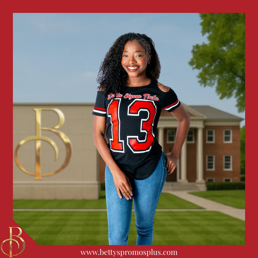 Delta Sigma Theta ΔΣΘ Cold Shoulder 13 Screen Printed T-Shirt-Delta Sigma Theta Paraphernalia-Delta Sigma Theta T-Shirts-Betty's Promos Plus