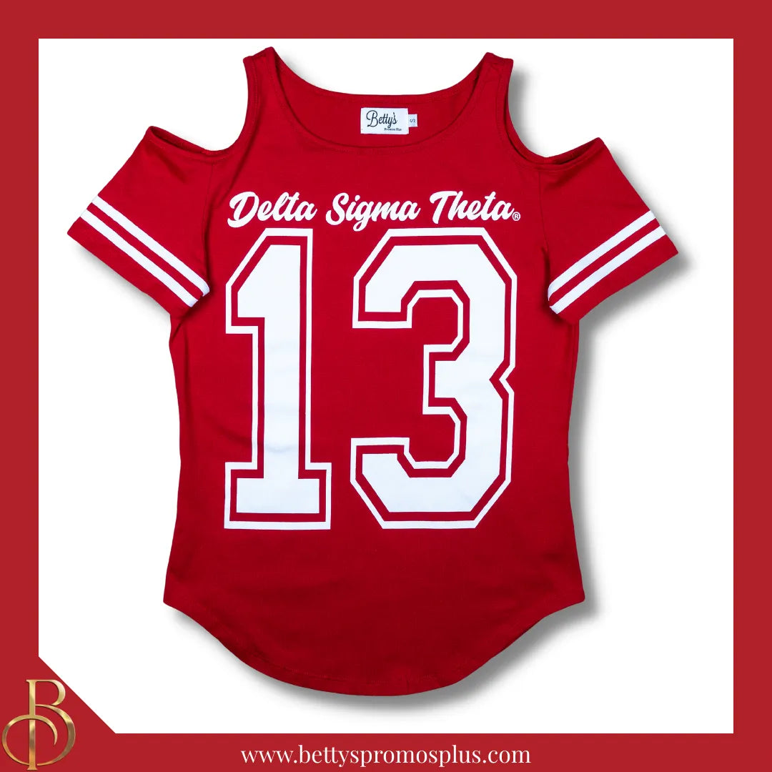Delta Sigma Theta ΔΣΘ Cold Shoulder 13 Screen Printed T-Shirt-Red-Small-Delta Sigma Theta Paraphernalia-Delta Sigma Theta T-Shirts-Betty's Promos Plus