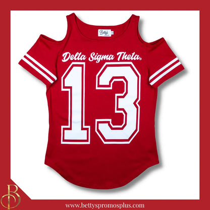 Delta Sigma Theta ΔΣΘ Cold Shoulder 13 Screen Printed T-Shirt-Red-Small-Delta Sigma Theta Paraphernalia-Delta Sigma Theta T-Shirts-Betty's Promos Plus