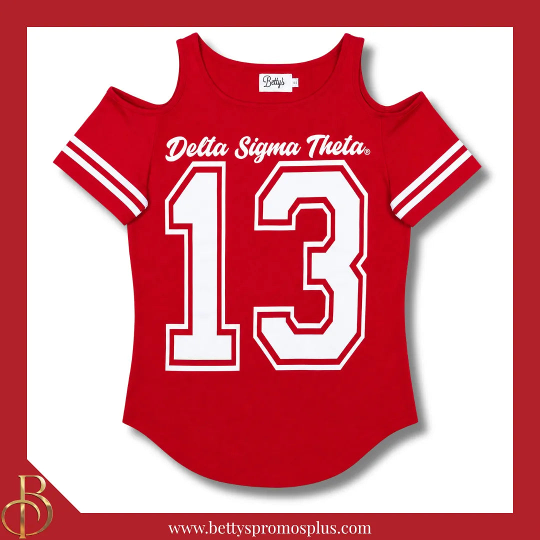 Delta Sigma Theta ΔΣΘ Cold Shoulder 13 Screen Printed T-Shirt-Red-Small-Delta Sigma Theta Paraphernalia-Delta Sigma Theta T-Shirts-Betty's Promos Plus