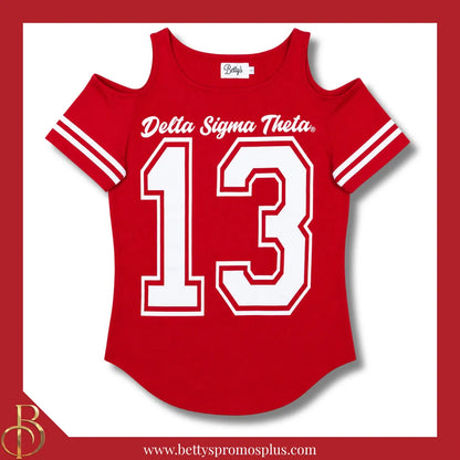 Delta Sigma Theta ΔΣΘ Cold Shoulder 13 Screen Printed T-Shirt-Red-Small-Delta Sigma Theta Paraphernalia-Delta Sigma Theta T-Shirts-Betty's Promos Plus