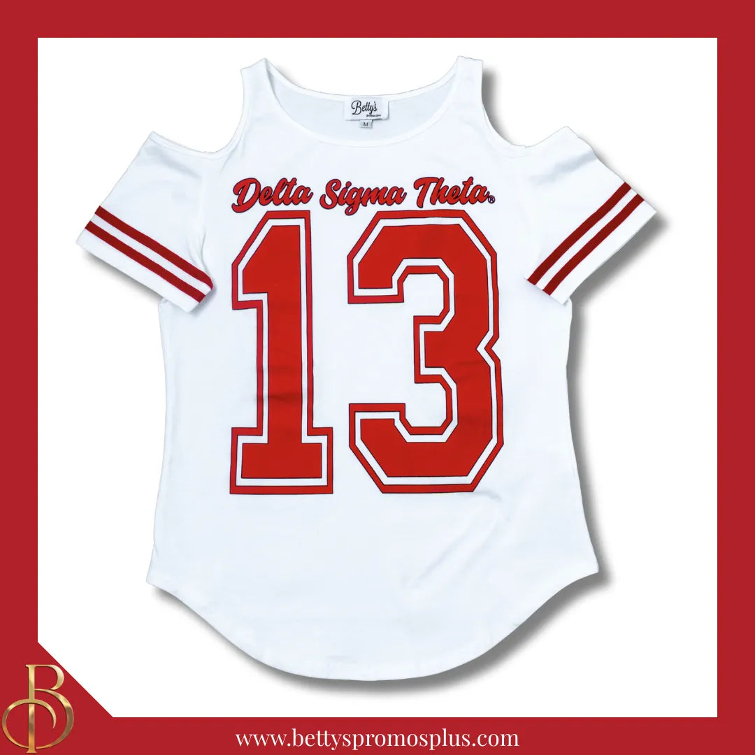 Delta Sigma Theta ΔΣΘ Cold Shoulder 13 Screen Printed T-Shirt-White-Small-Delta Sigma Theta Paraphernalia-Delta Sigma Theta T-Shirts-Betty's Promos Plus