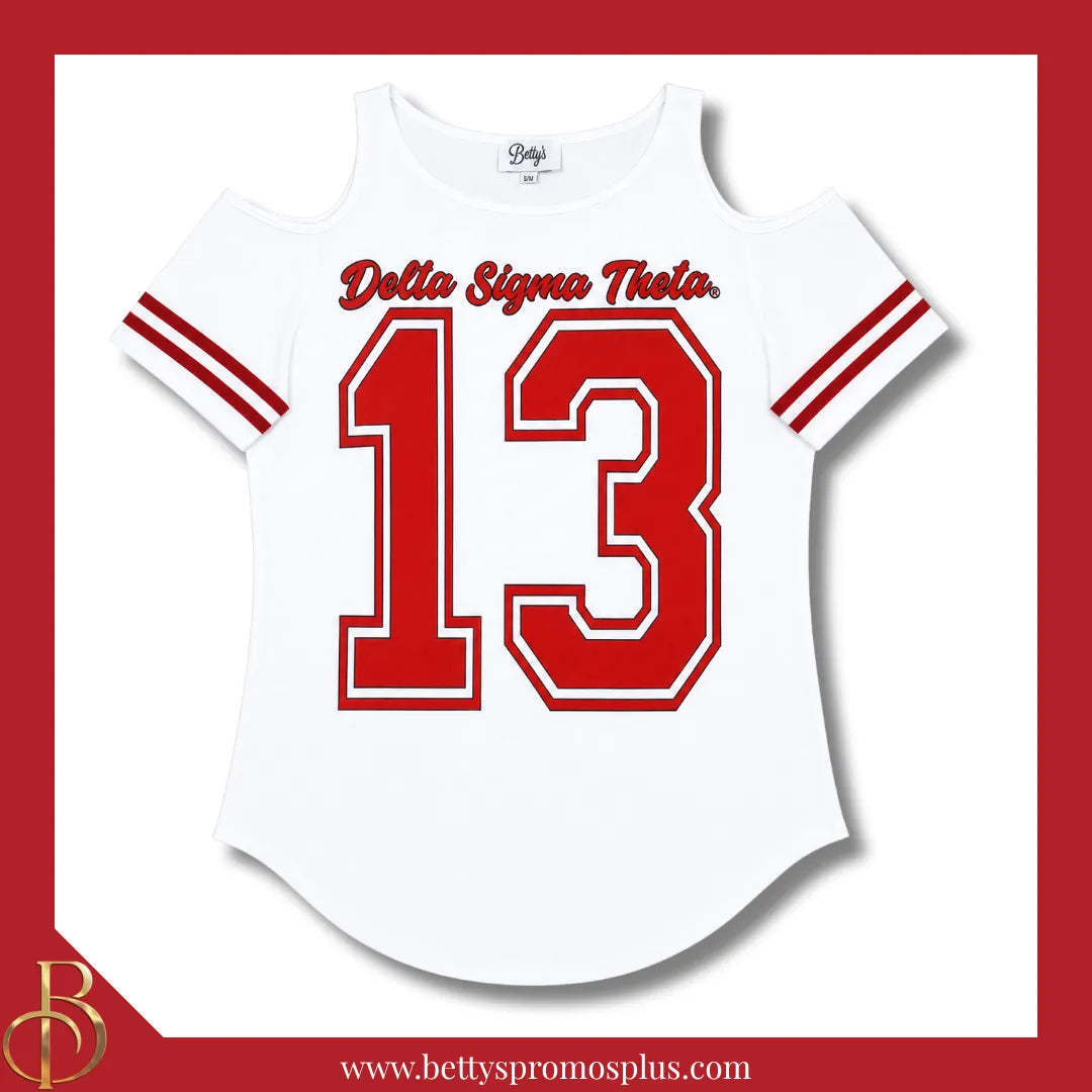 Delta Sigma Theta ΔΣΘ Cold Shoulder 13 Screen Printed T-Shirt-White-Small-Delta Sigma Theta Paraphernalia-Delta Sigma Theta T-Shirts-Betty's Promos Plus