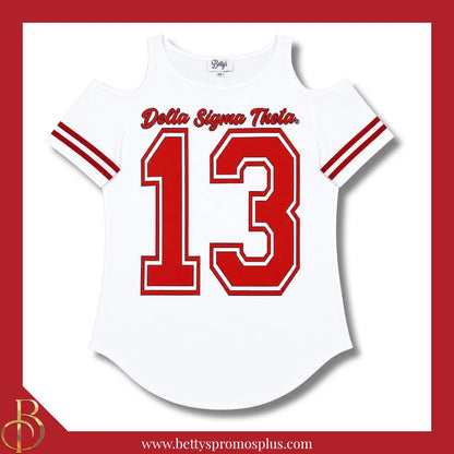 Delta Sigma Theta ΔΣΘ Cold Shoulder 13 Screen Printed T-Shirt-White-Small-Delta Sigma Theta Paraphernalia-Delta Sigma Theta T-Shirts-Betty's Promos Plus