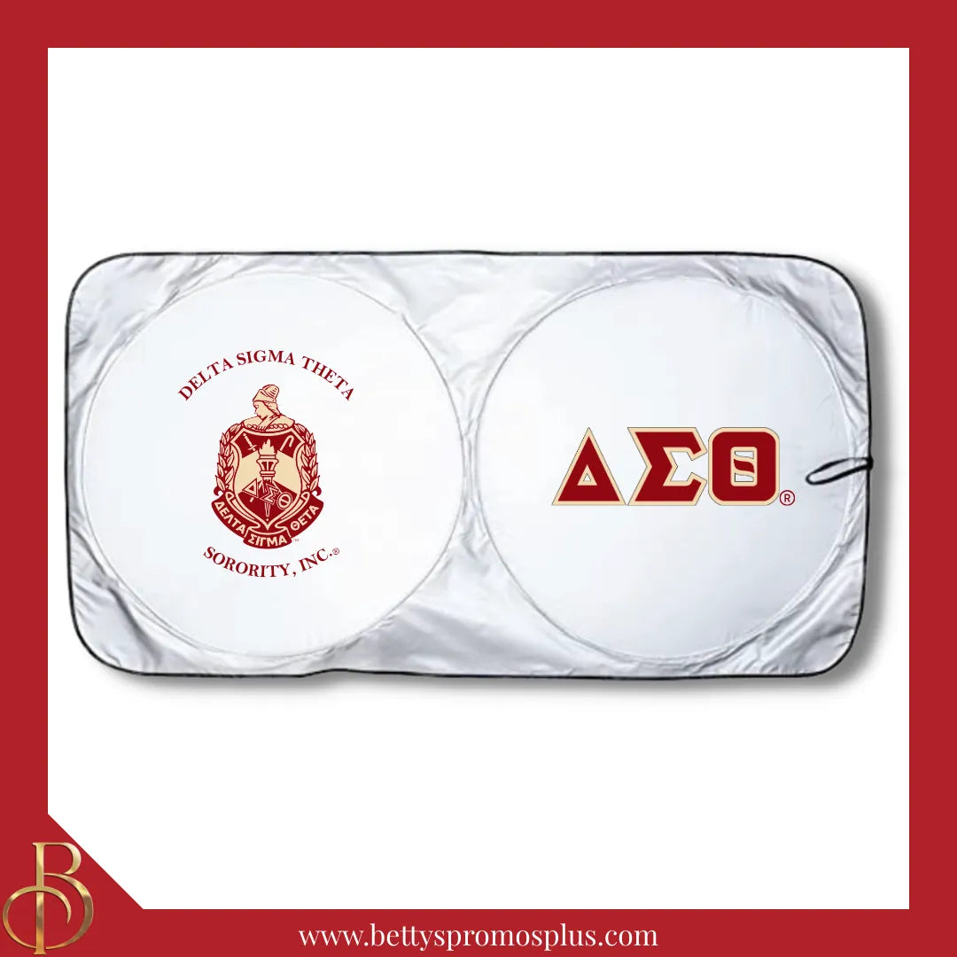 Delta Sigma Theta ΔΣΘ Collapsible Car Sun Shade with Pouch-Red-Horizontal Letters-Delta Sigma Theta Paraphernalia-Delta Sigma Theta Car Shade-Betty's Promos Plus