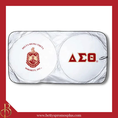 Delta Sigma Theta ΔΣΘ Collapsible Car Sun Shade with Pouch-Red-Horizontal Letters-Delta Sigma Theta Paraphernalia-Delta Sigma Theta Car Shade-Betty's Promos Plus