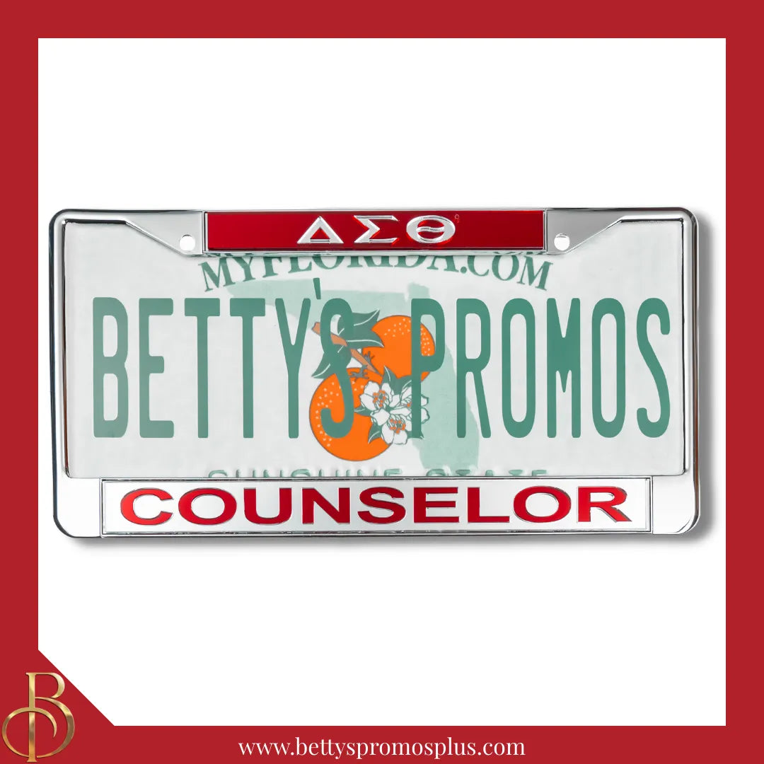 Delta Sigma Theta ΔΣΘ Counselor Chrome Laser Engraved Mirrored Acrylic Auto Tag License Plate Frame-Red Top-Silver Bottom-Delta Sigma Theta Paraphernalia-Delta Sigma Theta Auto Tag Frame-Betty's Promos Plus