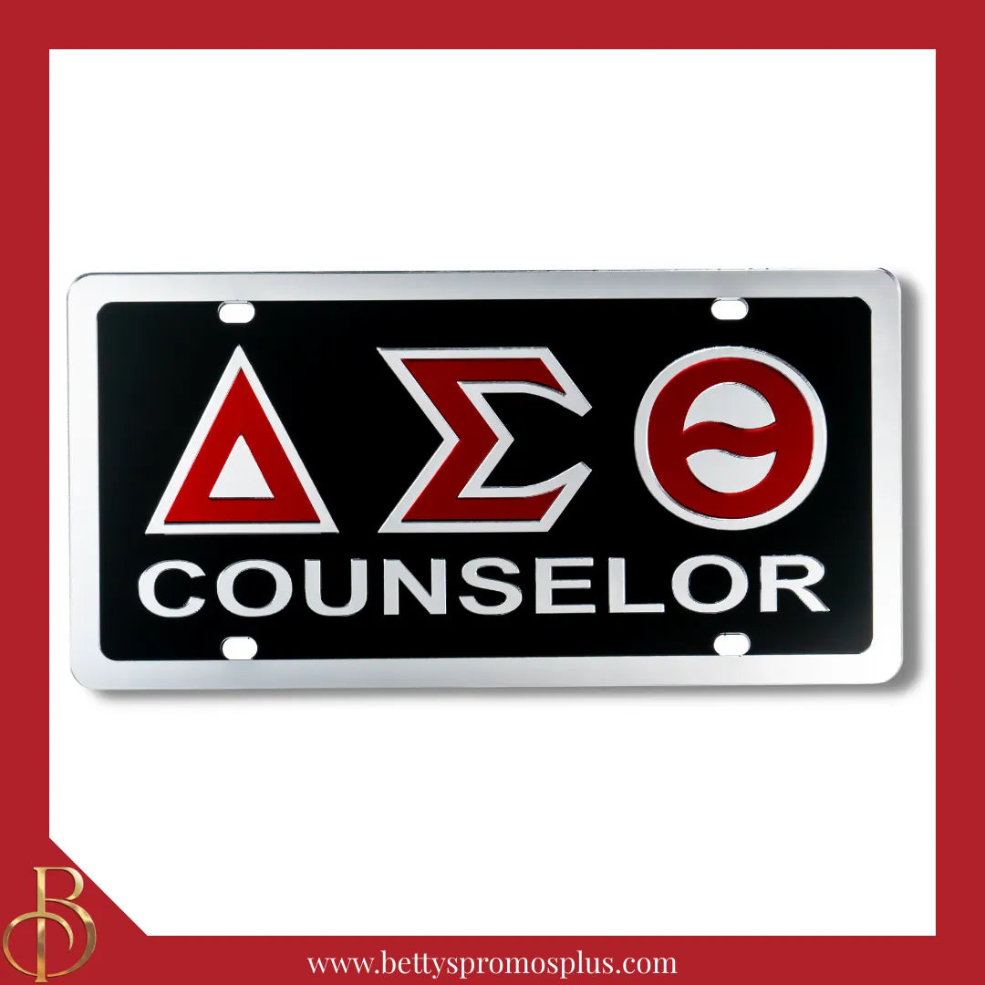 Delta Sigma Theta ΔΣΘ Counselor Laser Engraved Mirrored Acrylic Auto Tag License Plate-Black Background-Silver Trim-Delta Sigma Theta Paraphernalia-Delta Sigma Theta Auto Tag-Betty's Promos Plus