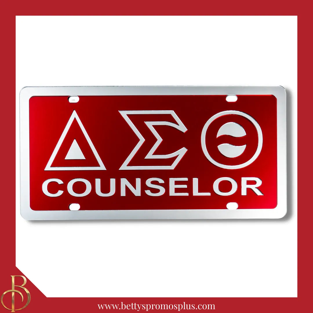 Delta Sigma Theta ΔΣΘ Counselor Laser Engraved Mirrored Acrylic Auto Tag License Plate-Red Background-Silver Trim-Delta Sigma Theta Paraphernalia-Delta Sigma Theta Auto Tag-Betty's Promos Plus