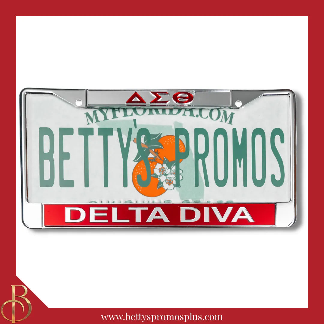 Delta Sigma Theta ΔΣΘ Delta Diva Chrome Laser Engraved Mirrored Acrylic Auto Tag License Plate Frame-Delta Sigma Theta Paraphernalia-Delta Sigma Theta Auto Tag Frame-Betty's Promos Plus