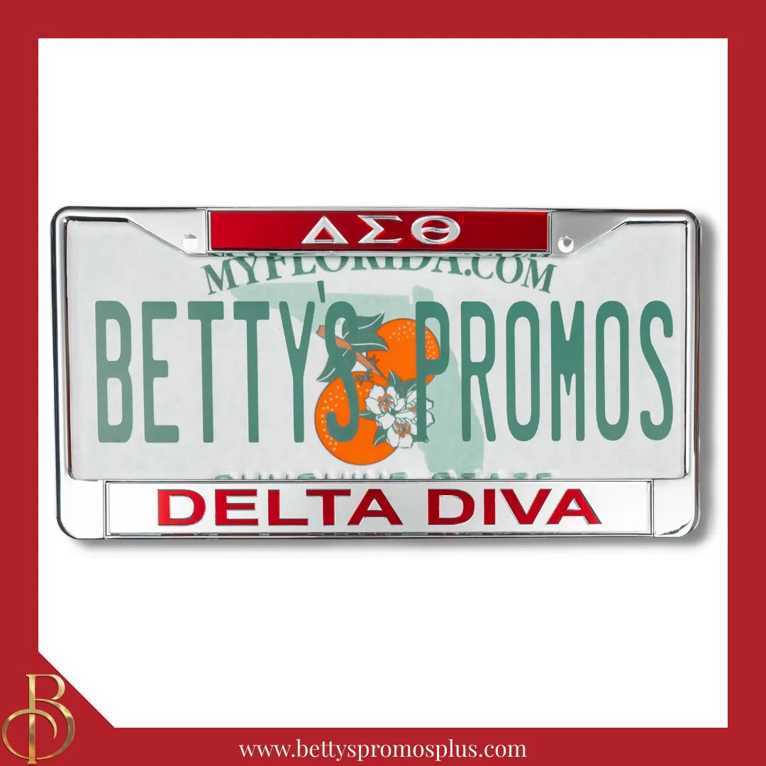Delta Sigma Theta ΔΣΘ Delta Diva Chrome Laser Engraved Mirrored Acrylic Auto Tag License Plate Frame-Red Top-Silver Bottom-Delta Sigma Theta Paraphernalia-Delta Sigma Theta Auto Tag Frame-Betty's Promos Plus