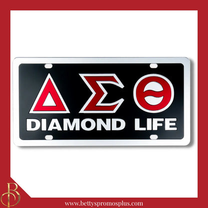 Delta Sigma Theta ΔΣΘ Diamond Life Laser Engraved Mirrored Acrylic Auto Tag License Plate-Black Background-Silver Trim-Delta Sigma Theta Paraphernalia-Delta Sigma Theta Auto Tag-Betty's Promos Plus