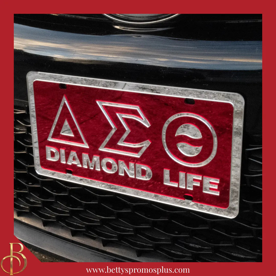 Delta Sigma Theta ΔΣΘ Diamond Life Laser Engraved Mirrored Acrylic Auto Tag License Plate-Delta Sigma Theta Paraphernalia-Delta Sigma Theta Auto Tag-Betty's Promos Plus