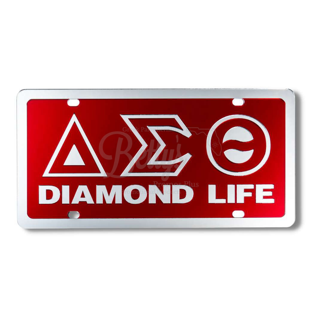 Delta Sigma Theta ΔΣΘ Diamond Life Laser Engraved Mirrored Acrylic Auto Tag License Plate-Red Background-Silver Trim-Delta Sigma Theta Paraphernalia-Delta Sigma Theta Auto Tag-Betty's Promos Plus