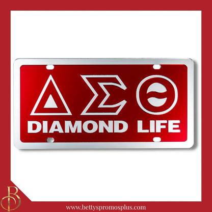 Delta Sigma Theta ΔΣΘ Diamond Life Laser Engraved Mirrored Acrylic Auto Tag License Plate-Red Background-Silver Trim-Delta Sigma Theta Paraphernalia-Delta Sigma Theta Auto Tag-Betty's Promos Plus