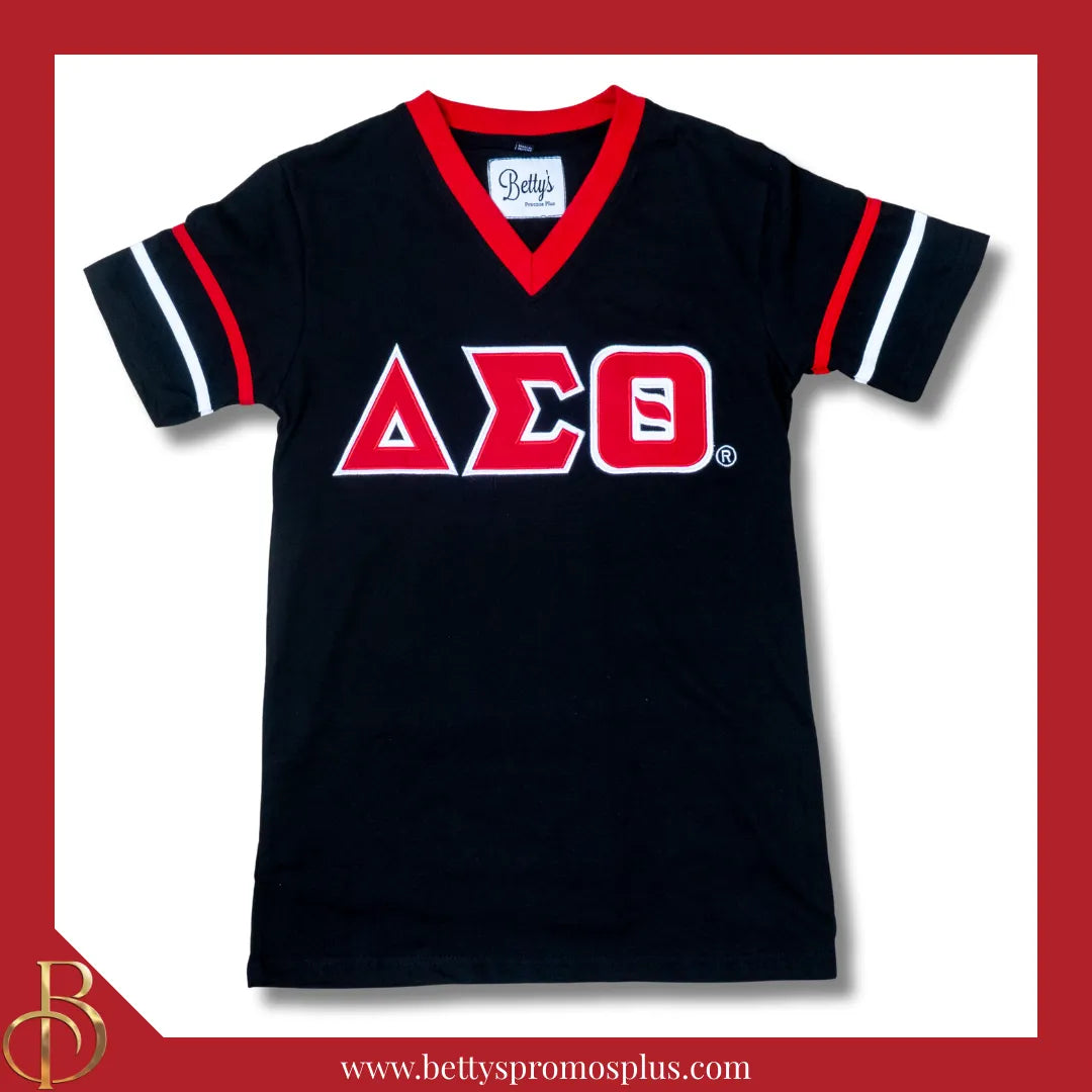 Delta Sigma Theta ΔΣΘ Double Stitched Appliqué Embroidered Jersey T-Shirt-Black-Small-Delta Sigma Theta Paraphernalia-Delta Sigma Theta T-Shirts-Betty's Promos Plus