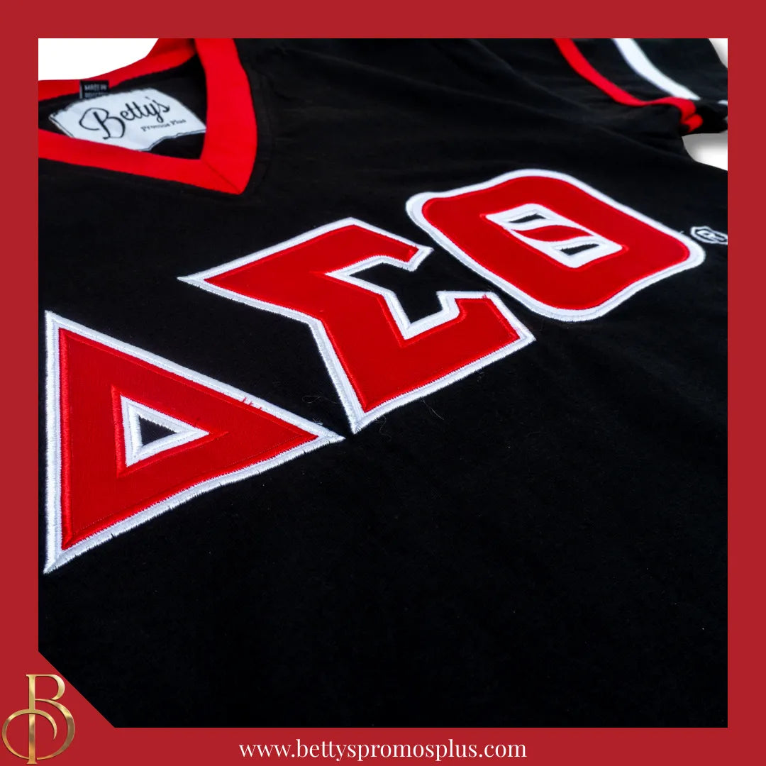 Delta Sigma Theta ΔΣΘ Double Stitched Appliqué Embroidered Jersey T-Shirt-Delta Sigma Theta Paraphernalia-Delta Sigma Theta T-Shirts-Betty's Promos Plus