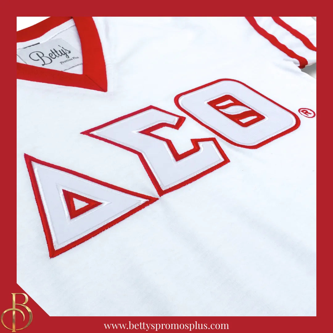 Delta Sigma Theta ΔΣΘ Double Stitched Appliqué Embroidered Jersey T-Shirt-Delta Sigma Theta Paraphernalia-Delta Sigma Theta T-Shirts-Betty's Promos Plus