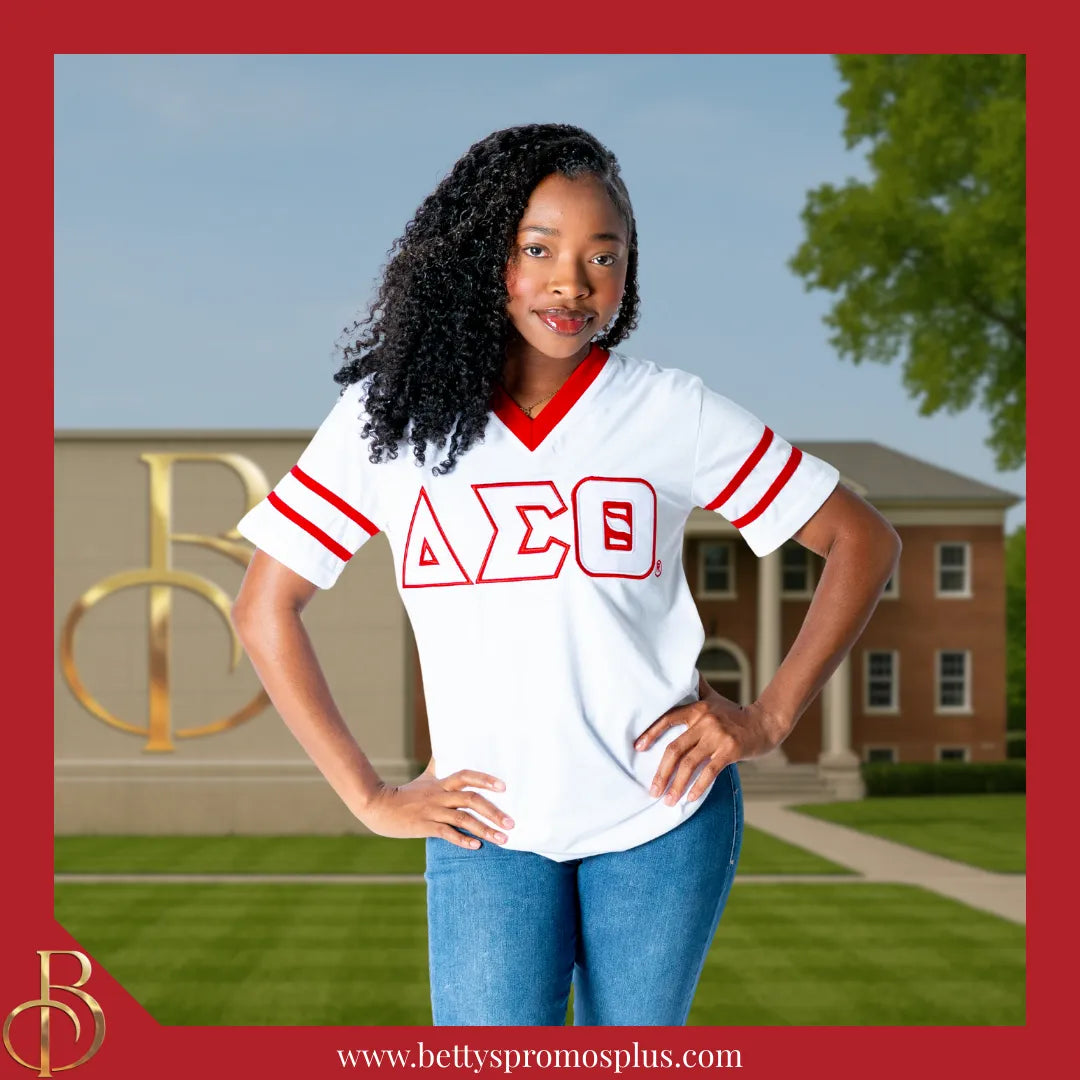 Delta Sigma Theta ΔΣΘ Double Stitched Appliqué Embroidered Jersey T-Shirt-Delta Sigma Theta Paraphernalia-Delta Sigma Theta T-Shirts-Betty's Promos Plus