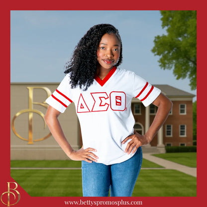Delta Sigma Theta ΔΣΘ Double Stitched Appliqué Embroidered Jersey T-Shirt-Delta Sigma Theta Paraphernalia-Delta Sigma Theta T-Shirts-Betty's Promos Plus