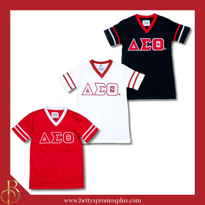 Delta Sigma Theta ΔΣΘ Double Stitched Appliqué Embroidered Jersey T-Shirt-Delta Sigma Theta Paraphernalia-Delta Sigma Theta T-Shirts-Betty's Promos Plus