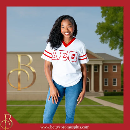 Delta Sigma Theta ΔΣΘ Double Stitched Appliqué Embroidered Jersey T-Shirt-Delta Sigma Theta Paraphernalia-Delta Sigma Theta T-Shirts-Betty's Promos Plus
