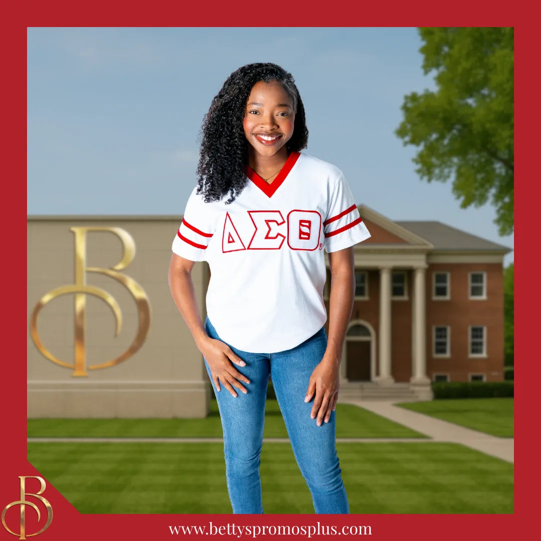 Delta Sigma Theta ΔΣΘ Double Stitched Appliqué Embroidered Jersey T-Shirt-Delta Sigma Theta Paraphernalia-Delta Sigma Theta T-Shirts-Betty's Promos Plus