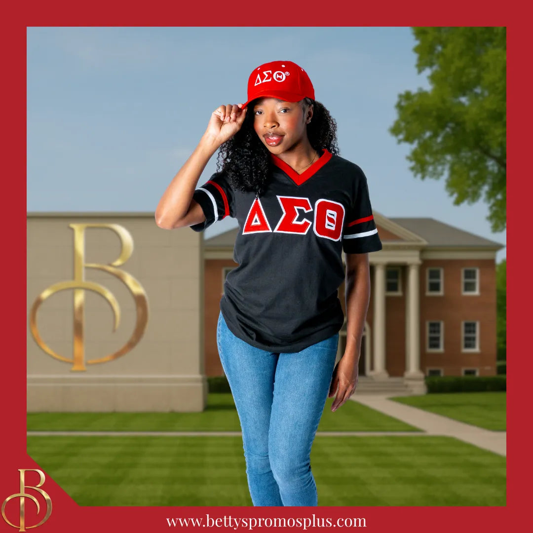 Delta Sigma Theta ΔΣΘ Double Stitched Appliqué Embroidered Jersey T-Shirt-Delta Sigma Theta Paraphernalia-Delta Sigma Theta T-Shirts-Betty's Promos Plus