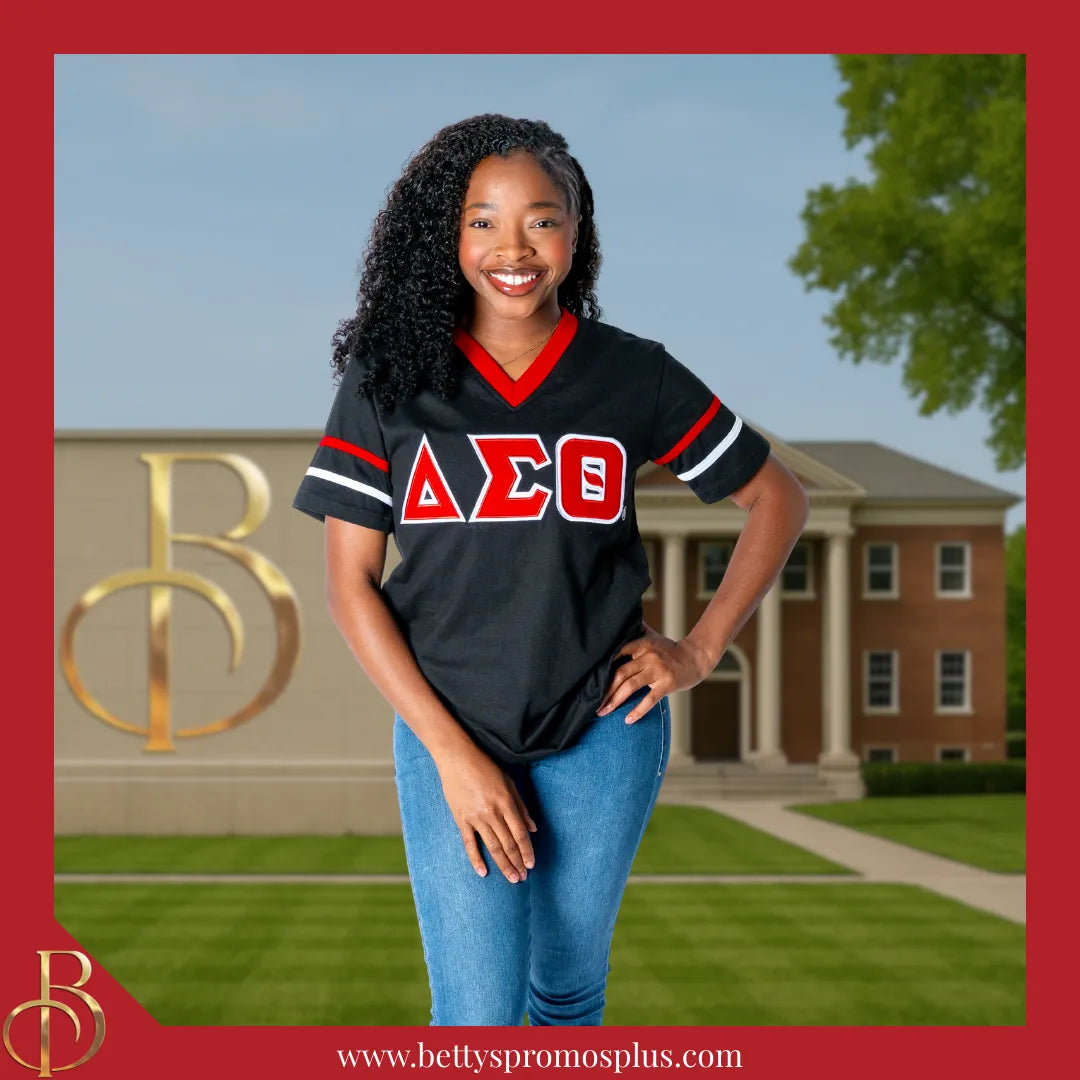 Delta Sigma Theta ΔΣΘ Double Stitched Appliqué Embroidered Jersey T-Shirt-Delta Sigma Theta Paraphernalia-Delta Sigma Theta T-Shirts-Betty's Promos Plus