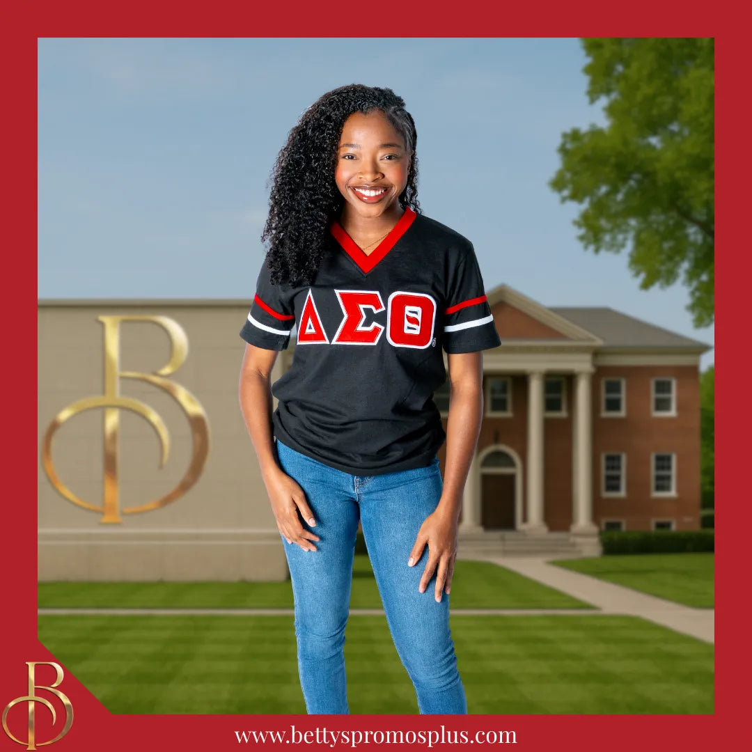 Delta Sigma Theta ΔΣΘ Double Stitched Appliqué Embroidered Jersey T-Shirt-Delta Sigma Theta Paraphernalia-Delta Sigma Theta T-Shirts-Betty's Promos Plus