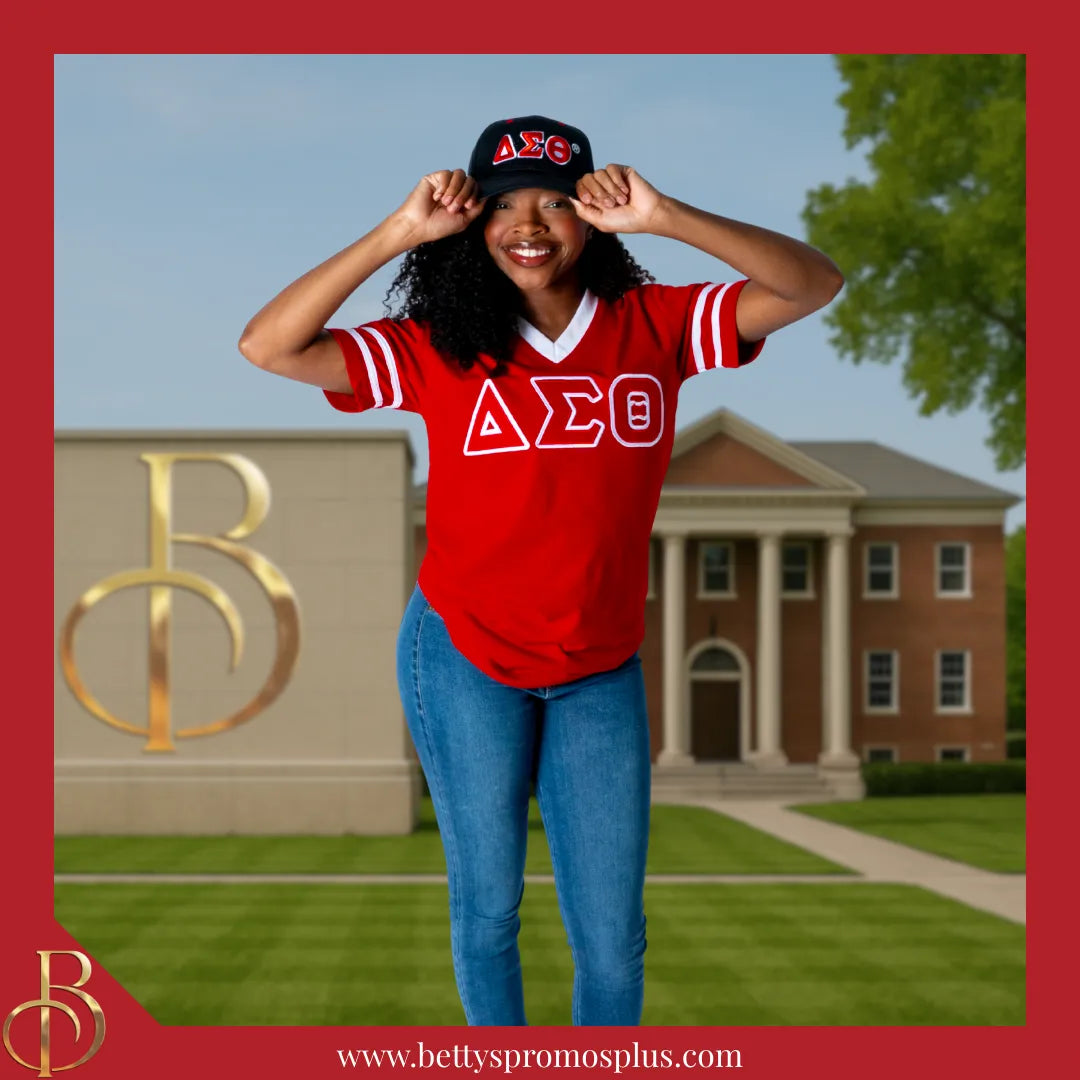 Delta Sigma Theta ΔΣΘ Double Stitched Appliqué Embroidered Jersey T-Shirt-Delta Sigma Theta Paraphernalia-Delta Sigma Theta T-Shirts-Betty's Promos Plus