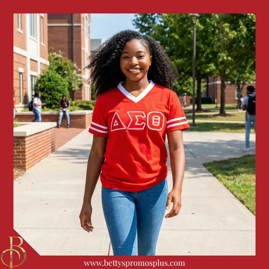 Delta Sigma Theta ΔΣΘ Double Stitched Appliqué Embroidered Jersey T-Shirt-Delta Sigma Theta Paraphernalia-Delta Sigma Theta T-Shirts-Betty's Promos Plus