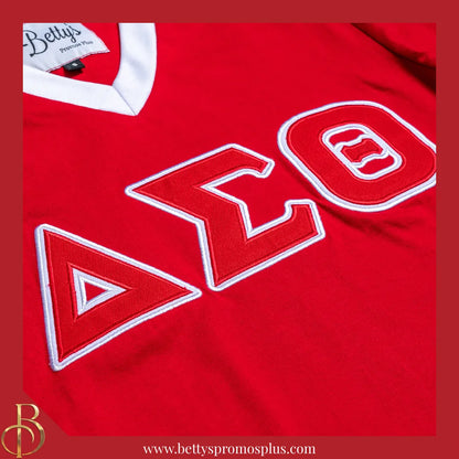 Delta Sigma Theta ΔΣΘ Double Stitched Appliqué Embroidered Jersey T-Shirt-Delta Sigma Theta Paraphernalia-Delta Sigma Theta T-Shirts-Betty's Promos Plus